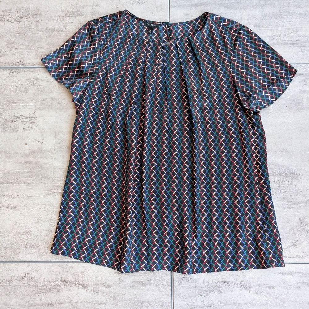 Talbots Women's Black Multicolor Geometric Print Cap Sleeve Silk Blouse Size 10